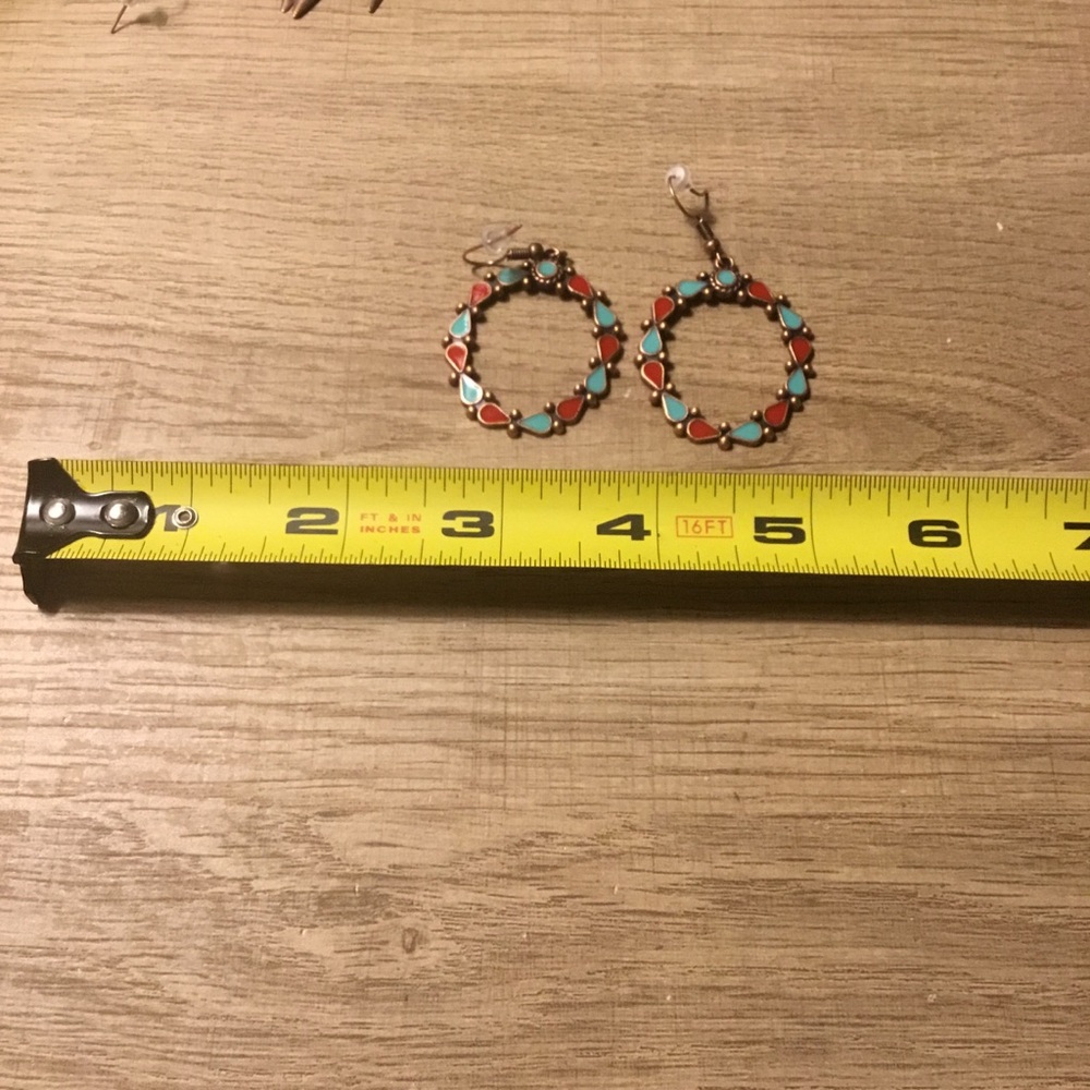Colorful Turquoise and Red Teardrop Enamel Hoop Earrings - Picture 2 of 3